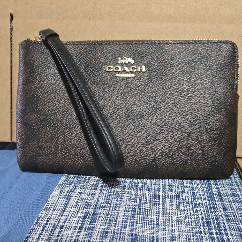 Coach Brown Signature Wristlet with Gold Logo